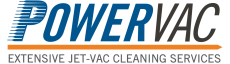Powervac logo with text Extensive Jet-Vac Cleaning Services and an orange arrow.
