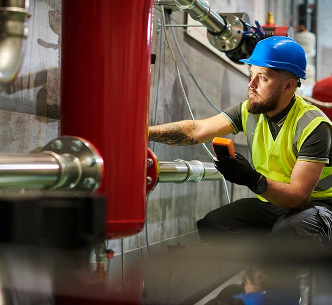 A worker in a blue hard hat and safety vest inspects machinery with a handheld device.