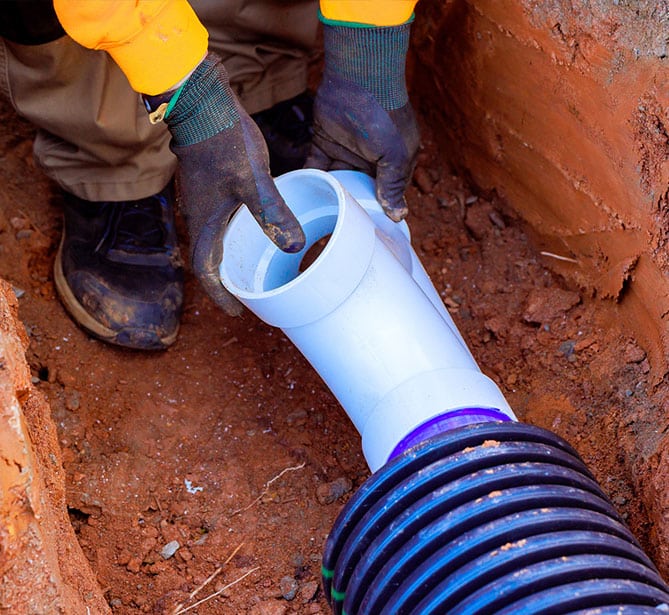 Person installing a PVC pipe in a trench for drainage system.