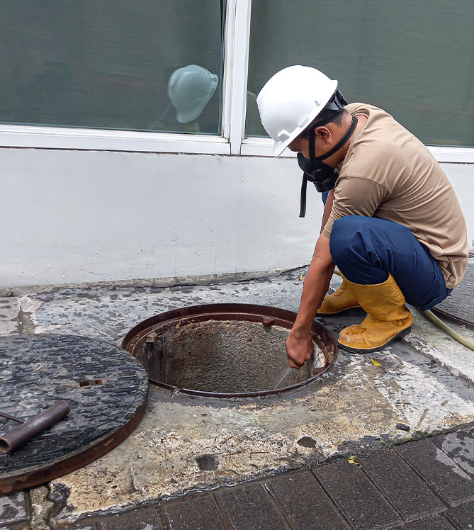A person in a hard hat and mask working near an open manhole outside a building.