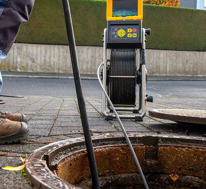 Man operating CCTV drain inspection equipment by an open manhole.