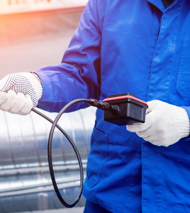 Person in blue uniform holding a gas leak detector device.