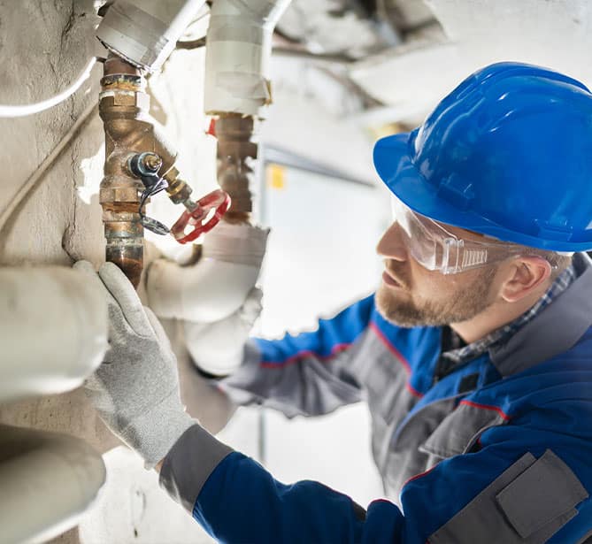 Worker in blue helmet and safety glasses inspecting plumbing system.