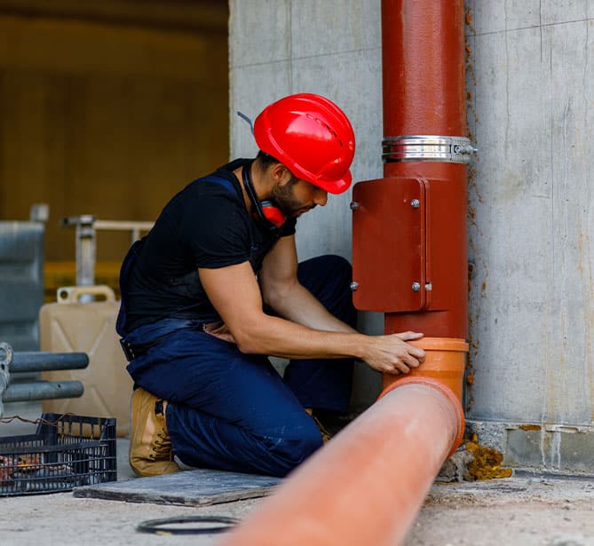 A worker in a red hard hat inspects a large red pipe at a construction site.